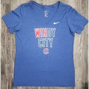 Nike Chicago Cubs T-Shirt Womens Large Blue Windy City MLB V-Neck Tri-Blend Tee